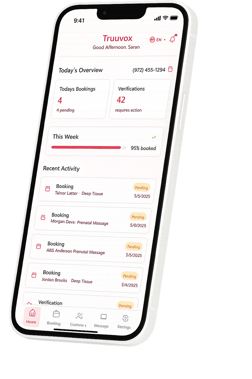 Truuvox mobile app interface showing customer verification and booking features